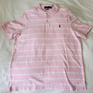 Mens Ralph Lauren Polo Classic Fit Pink ands White Stiped Collared Shirt Large